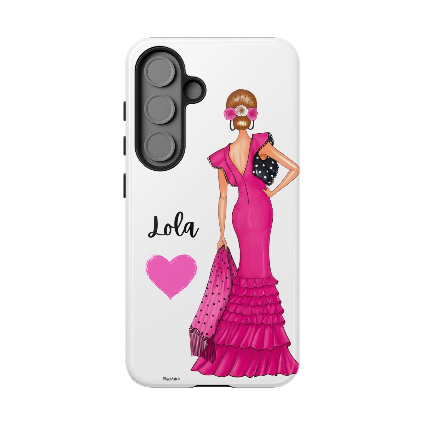 Funda de teléfono personalizable con nombre/bandera/Virgen - Modelo Manuela vestido rosa, ideal para un regalo emocionante.