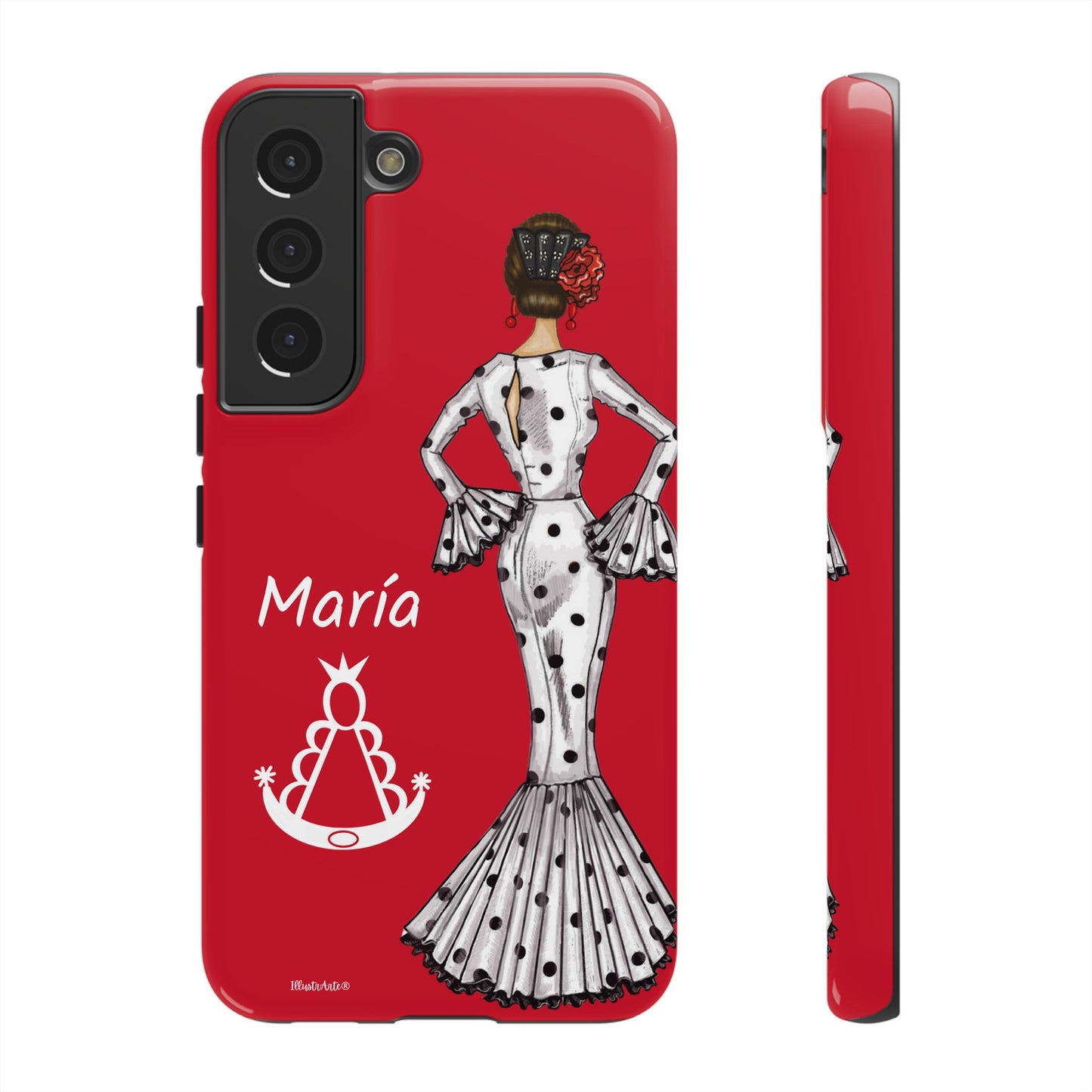 una funda de teléfono roja con una imagen de una mujer en un vestido