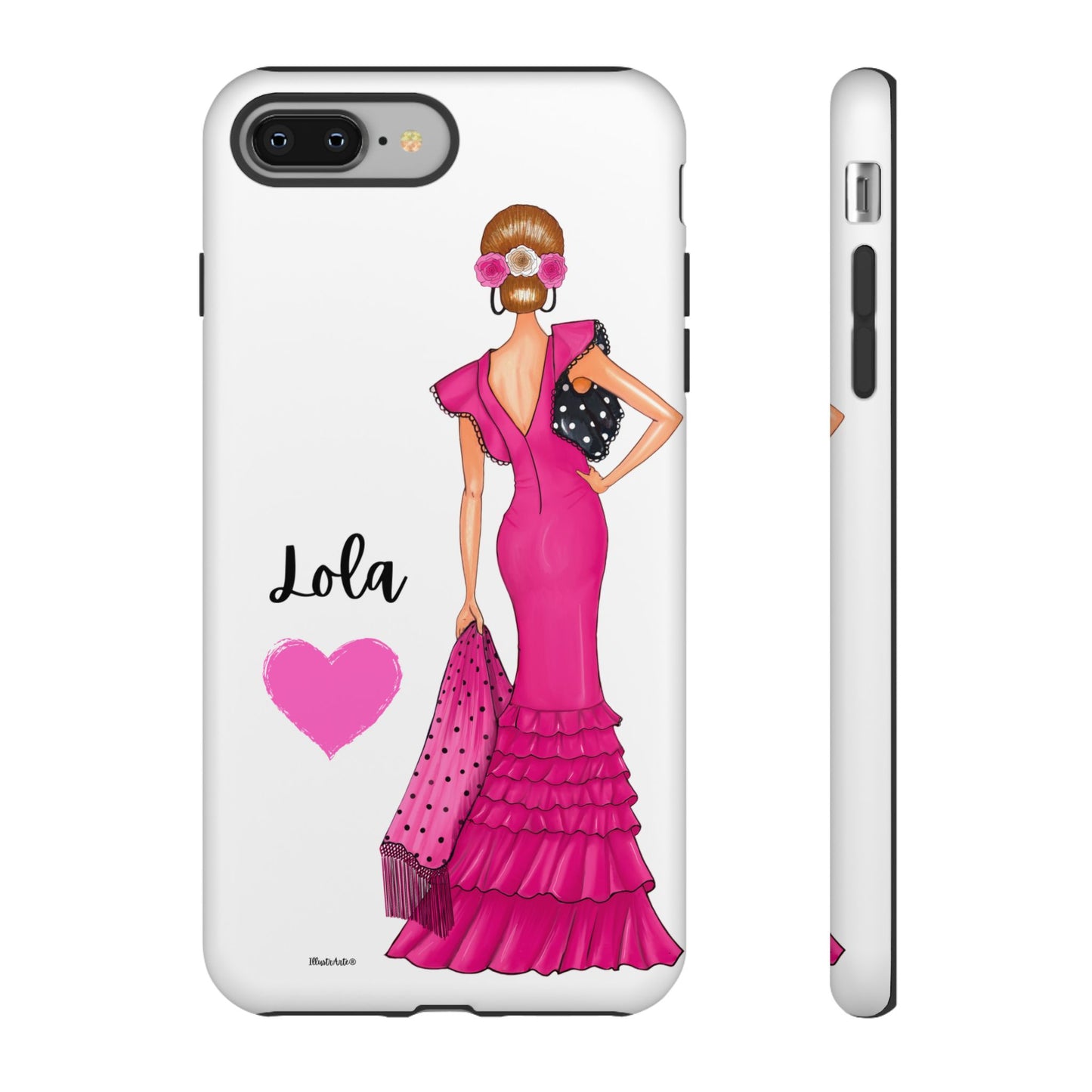 una funda para teléfono con una mujer en un vestido rosa