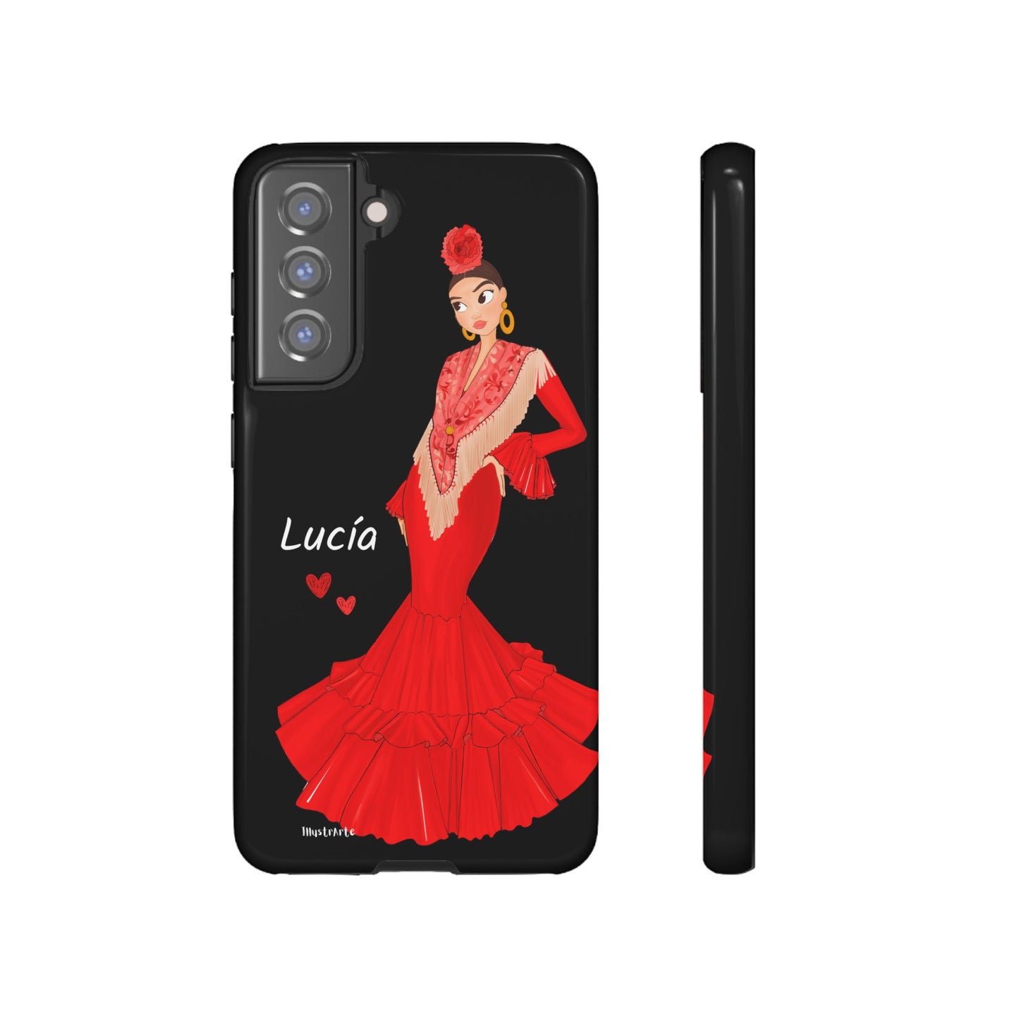 una funda de teléfono con una mujer en un vestido rojo