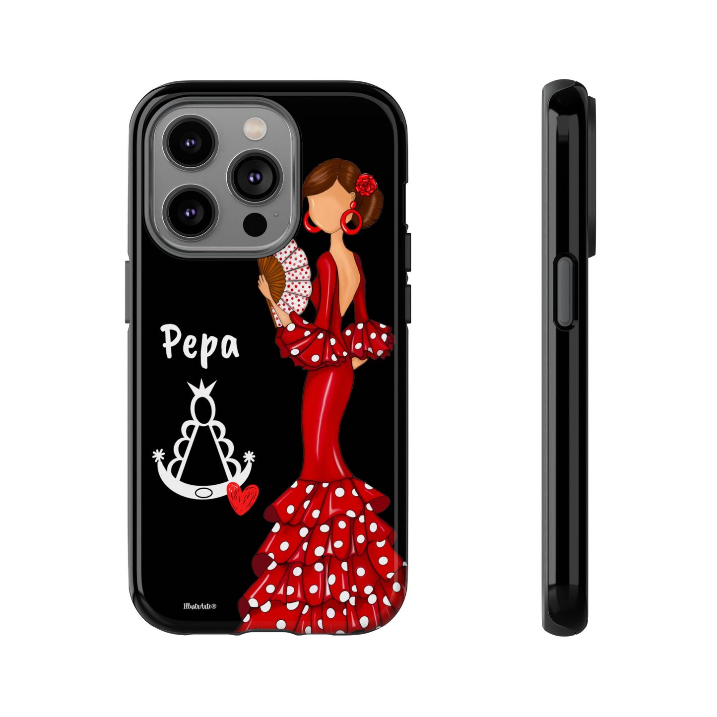 Personalized Pepa phone case on a black background with the Virgin Mary – for iPhone, Samsung, Pixel