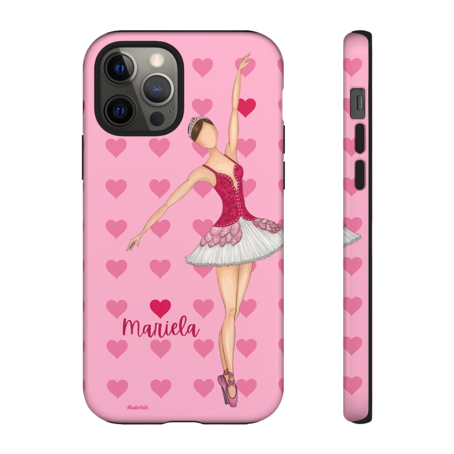 una funda de teléfono rosa con una bailarina en ella