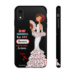 Personalised phone case flamenco dancer Pepa, white dress, with quote for iPhone XR, gloss finish – illustrArte