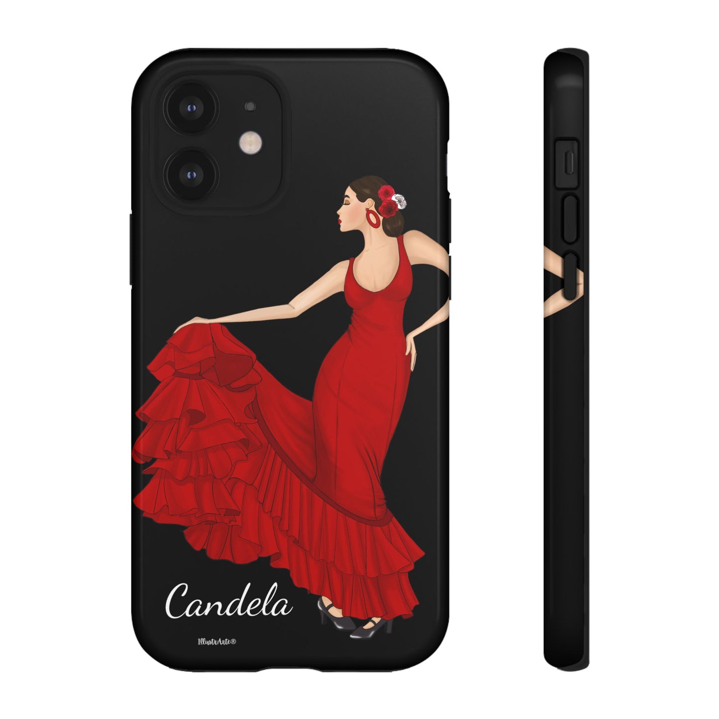 una funda de teléfono con una imagen de una mujer en un vestido rojo