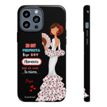 Personalised phone case flamenco dancer Pepa, white dress, with quote for iPhone 13 Pro Max, gloss finish – illustrArte
