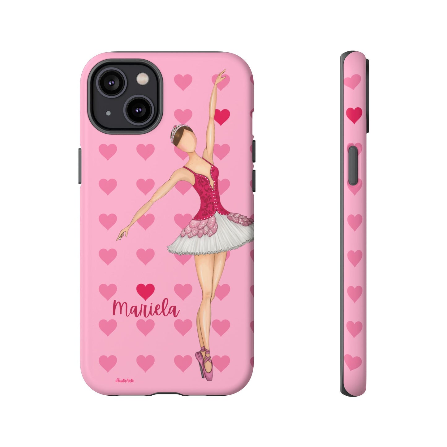 una funda de teléfono rosa con una imagen de una bailarina