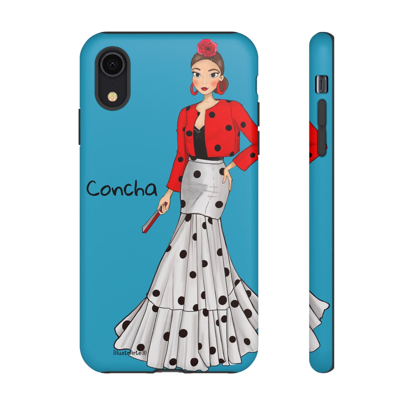 Funda de teléfono con aspecto atractivo, Modelo Conchita fondo azul, para personalizar a tu gusto.