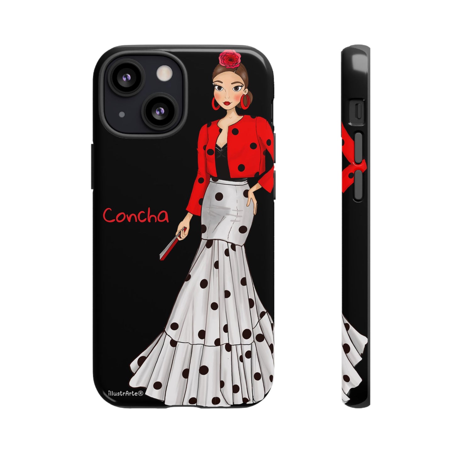 Funda de teléfono personalizable destacando la Virgen - Modelo Conchita fondo negro.