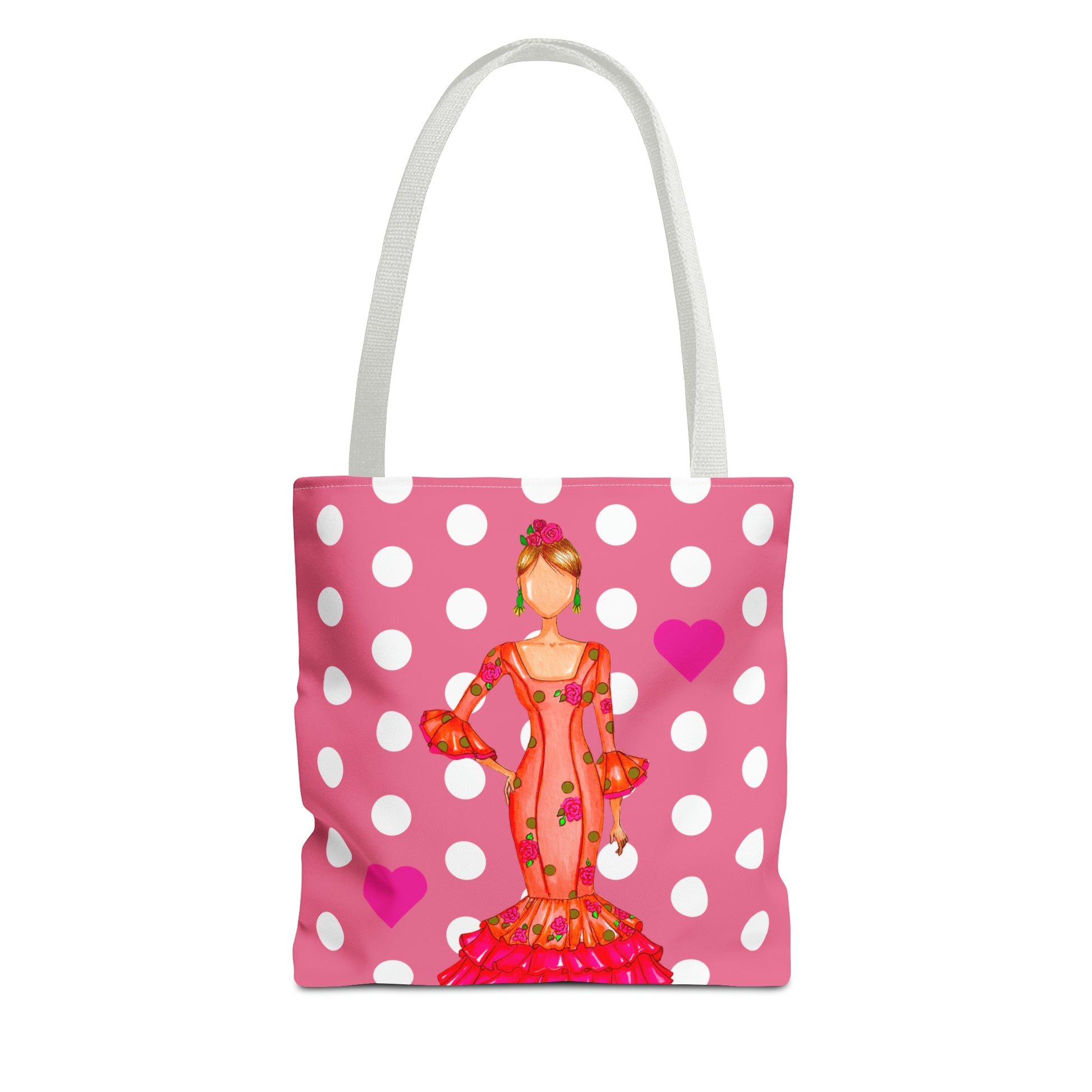 a pink and white polka dot bag with a woman in a pink dress