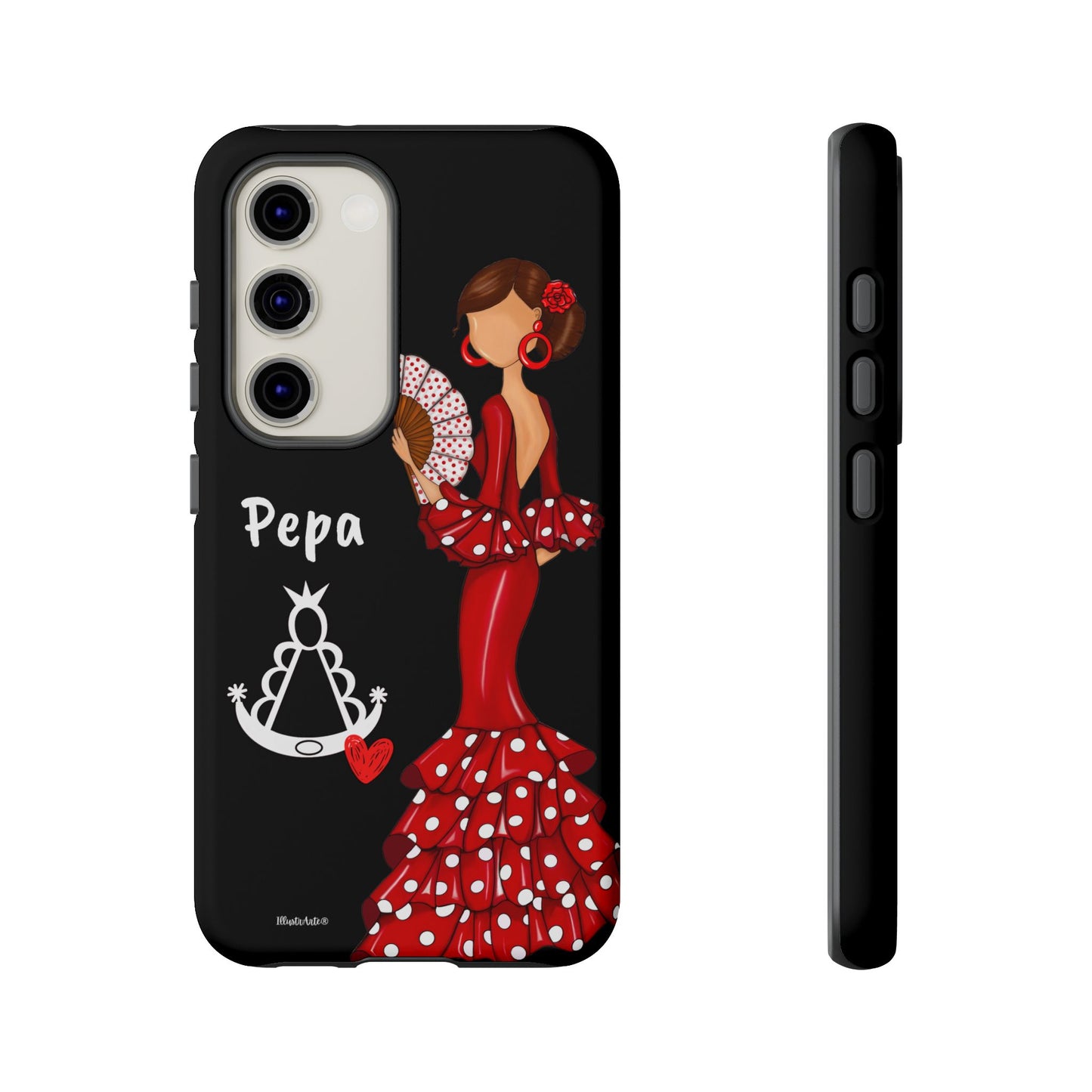 Personalized Pepa phone case on a black background with the Virgin Mary – for iPhone, Samsung, Pixel