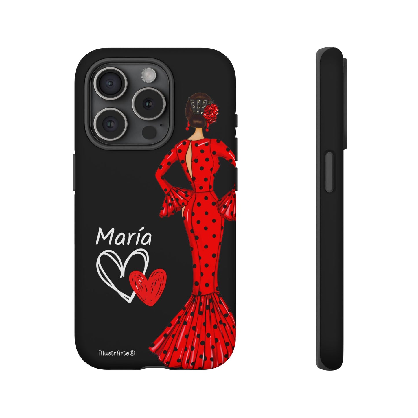 Capa de celular personalizável com nome/bandeira/Virgem - modelo Red Maria com cabelo escuro, fundo preto, para iPhone, Samsung e Google Pixel
