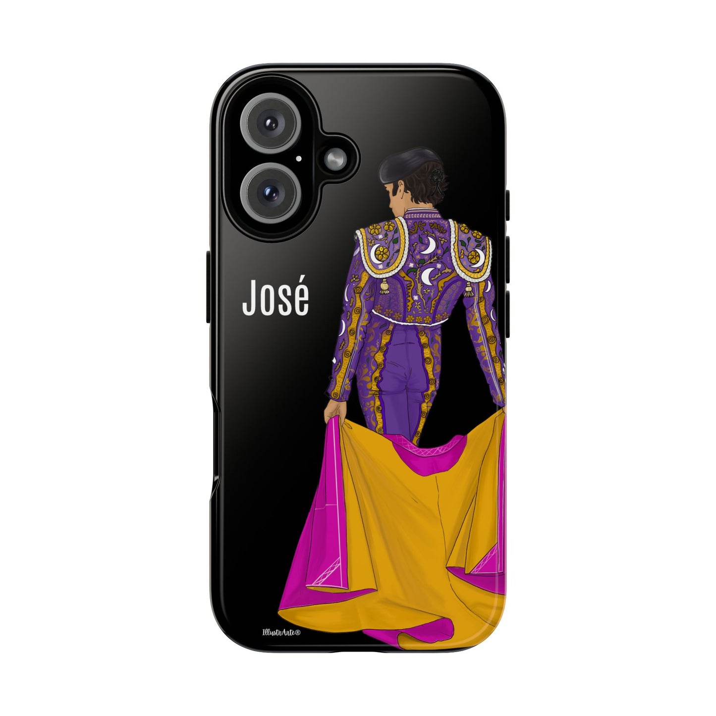 una funda de teléfono con una imagen de un hombre en un traje morado y amarillo