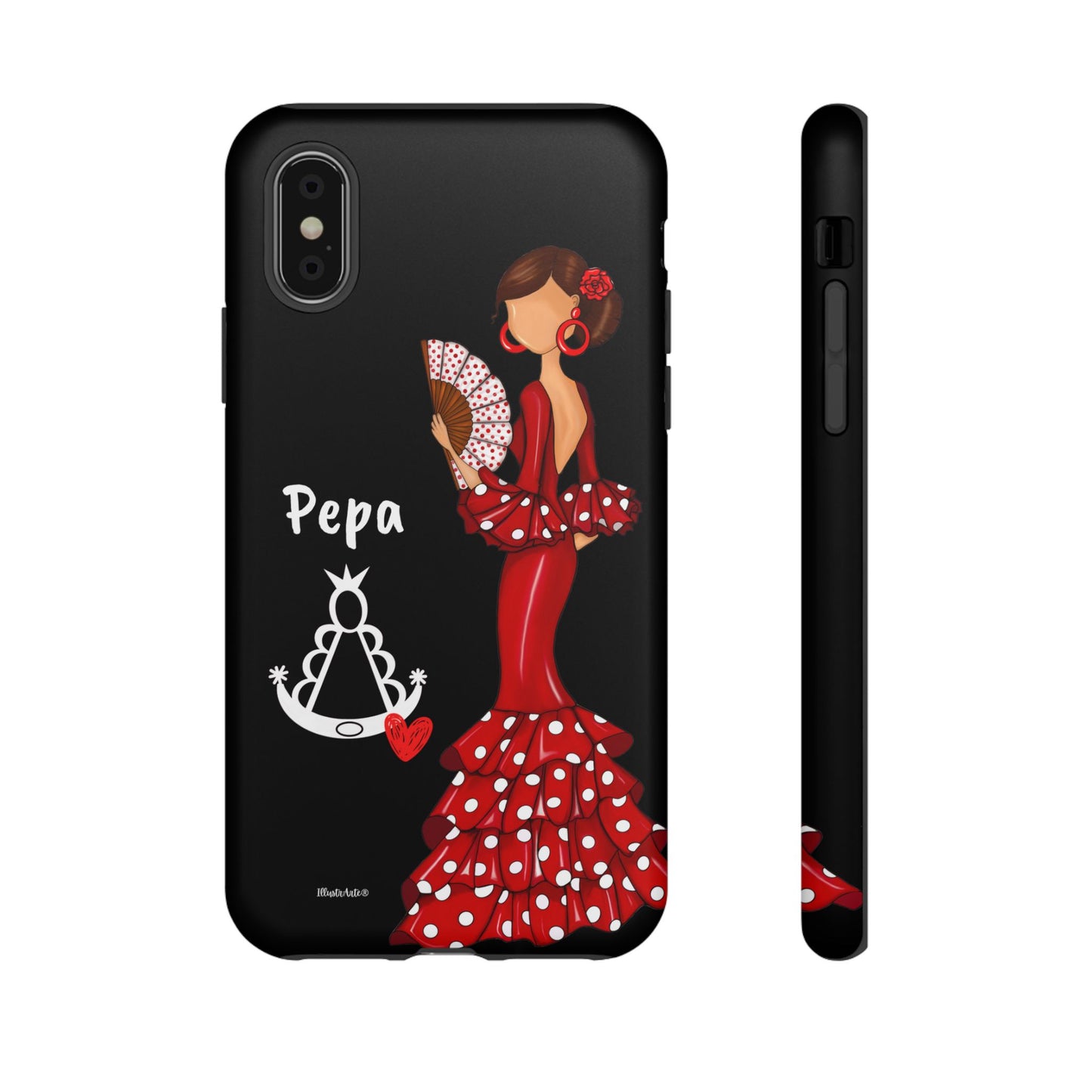 Personalized Pepa phone case on a black background with the Virgin Mary – for iPhone, Samsung, Pixel