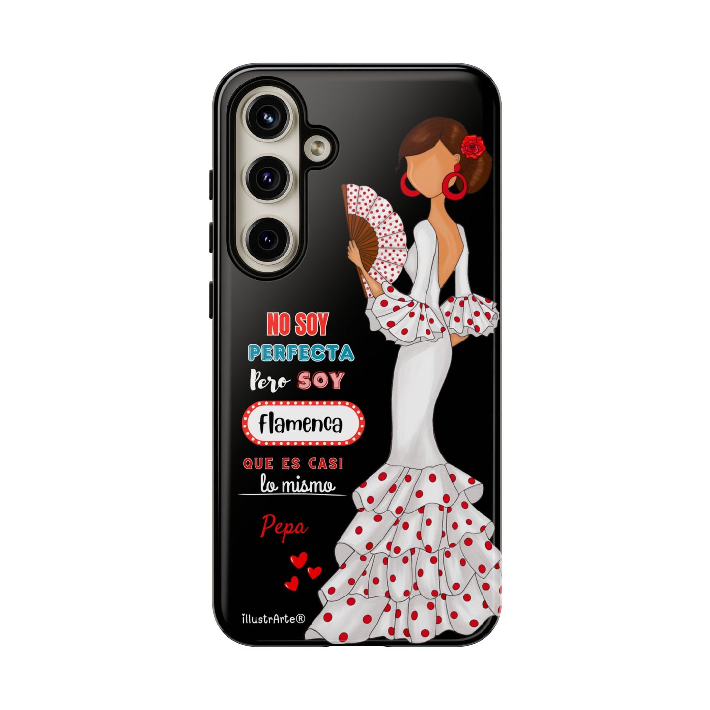 Funda de teléfono personalizable Pepa vestido blanco con frase – para iPhone, Samsung, Pixel