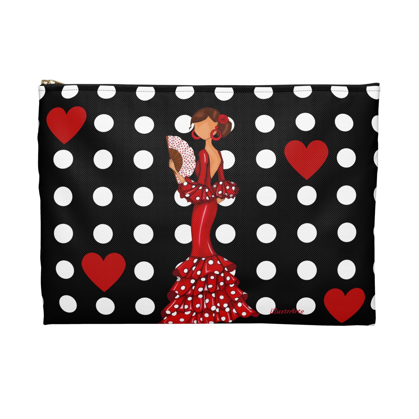 a black and white polka dot purse with a lady holding a fan