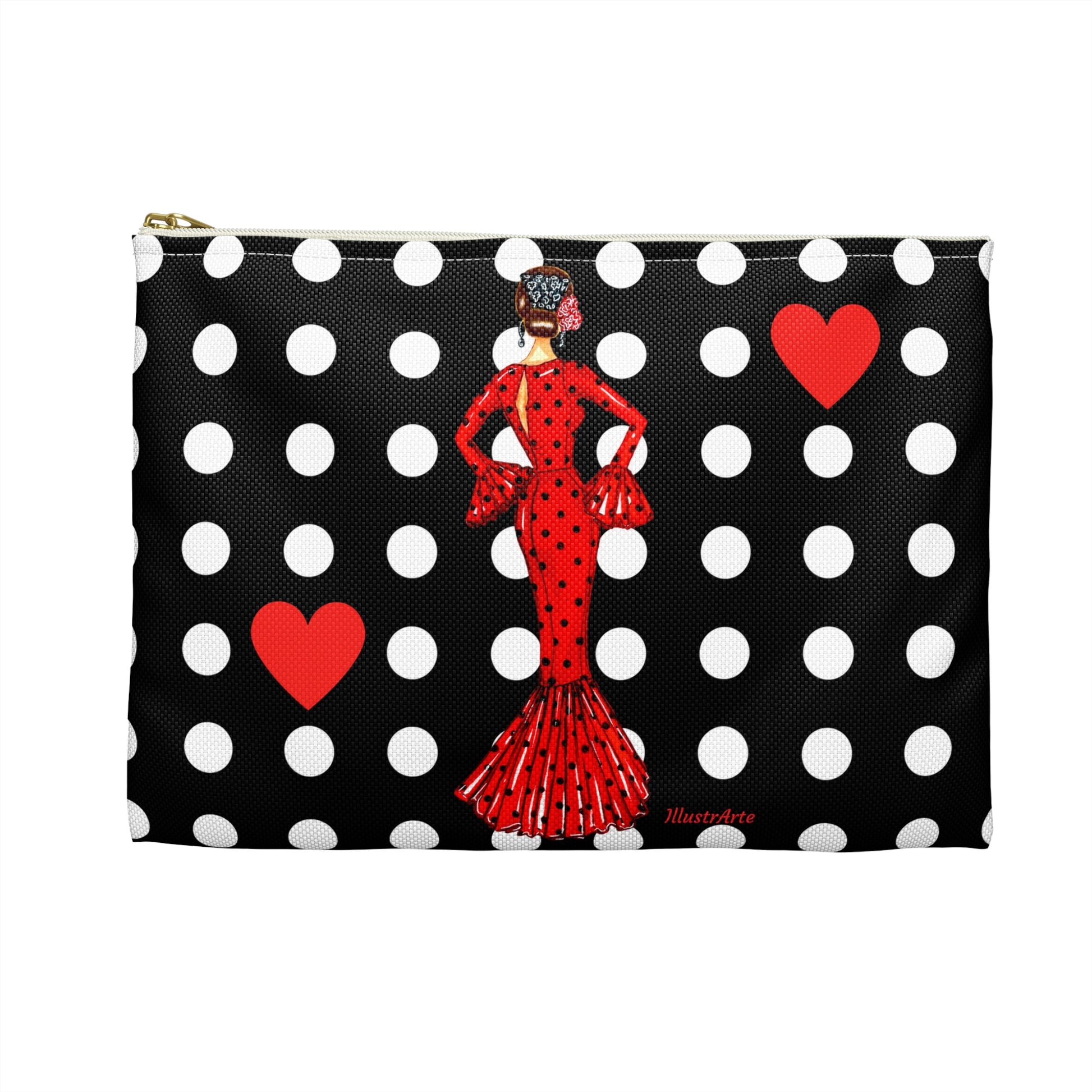 a black and white polka dot purse with a lady in a red dress