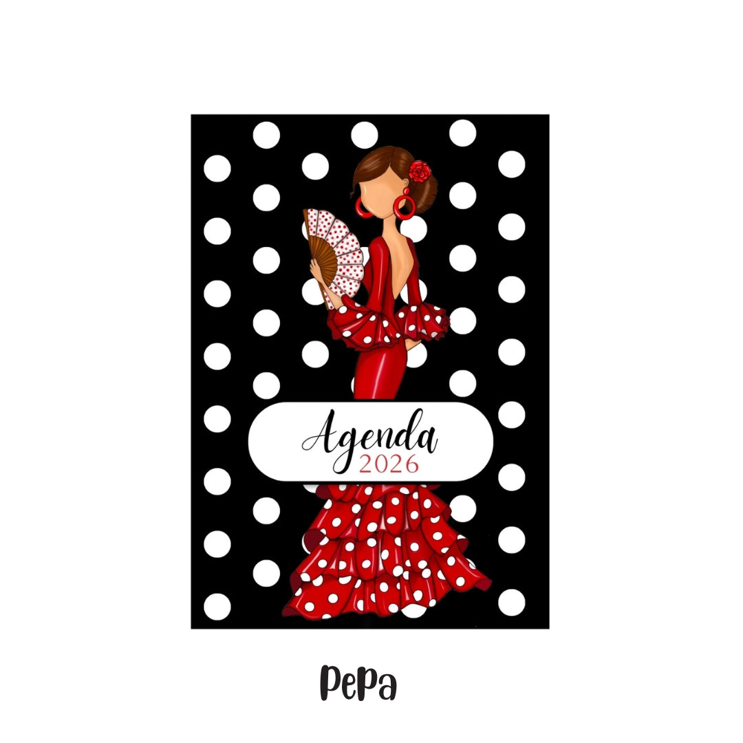 Agenda Flamenca 2026 “Pepa” – 2 Días por Página – Ilustraciones Flamencas – Eventos Flamencos del Año – Diseño illustrArte
