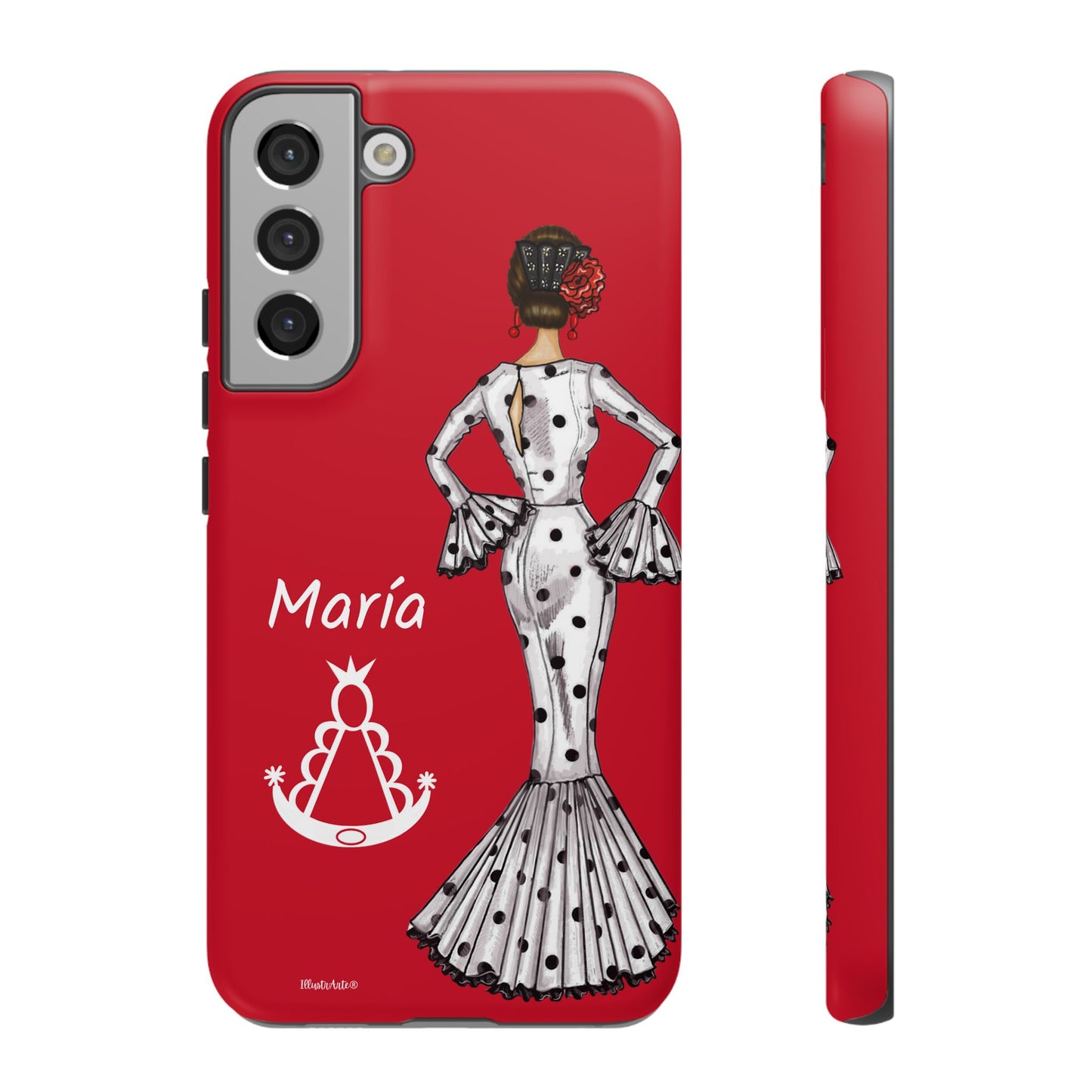 una funda de teléfono roja con una imagen de una mujer en un vestido