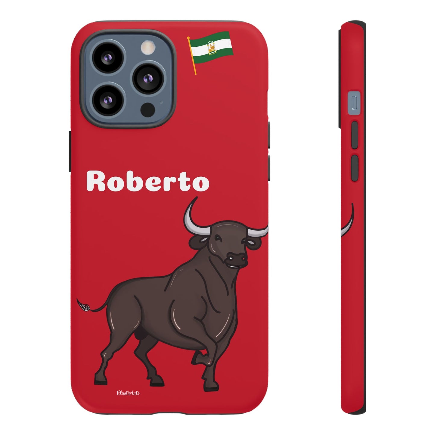 una funda de teléfono roja con un toro en ella