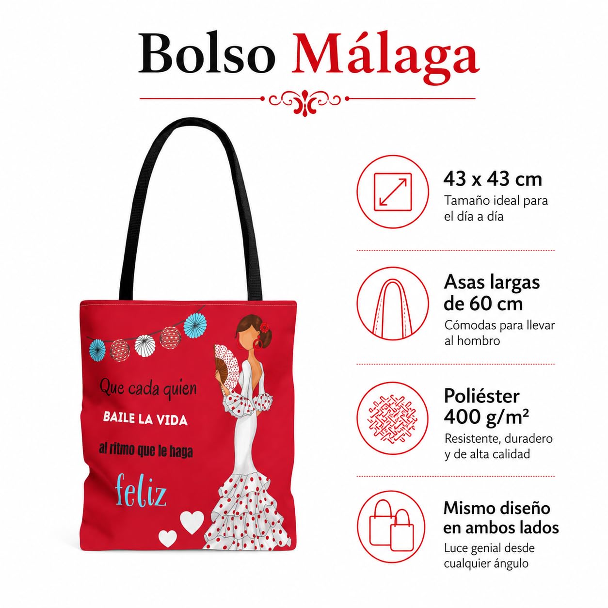 Bolsa tote Málaga flamenca Pepa Feliz rojo con frase 3