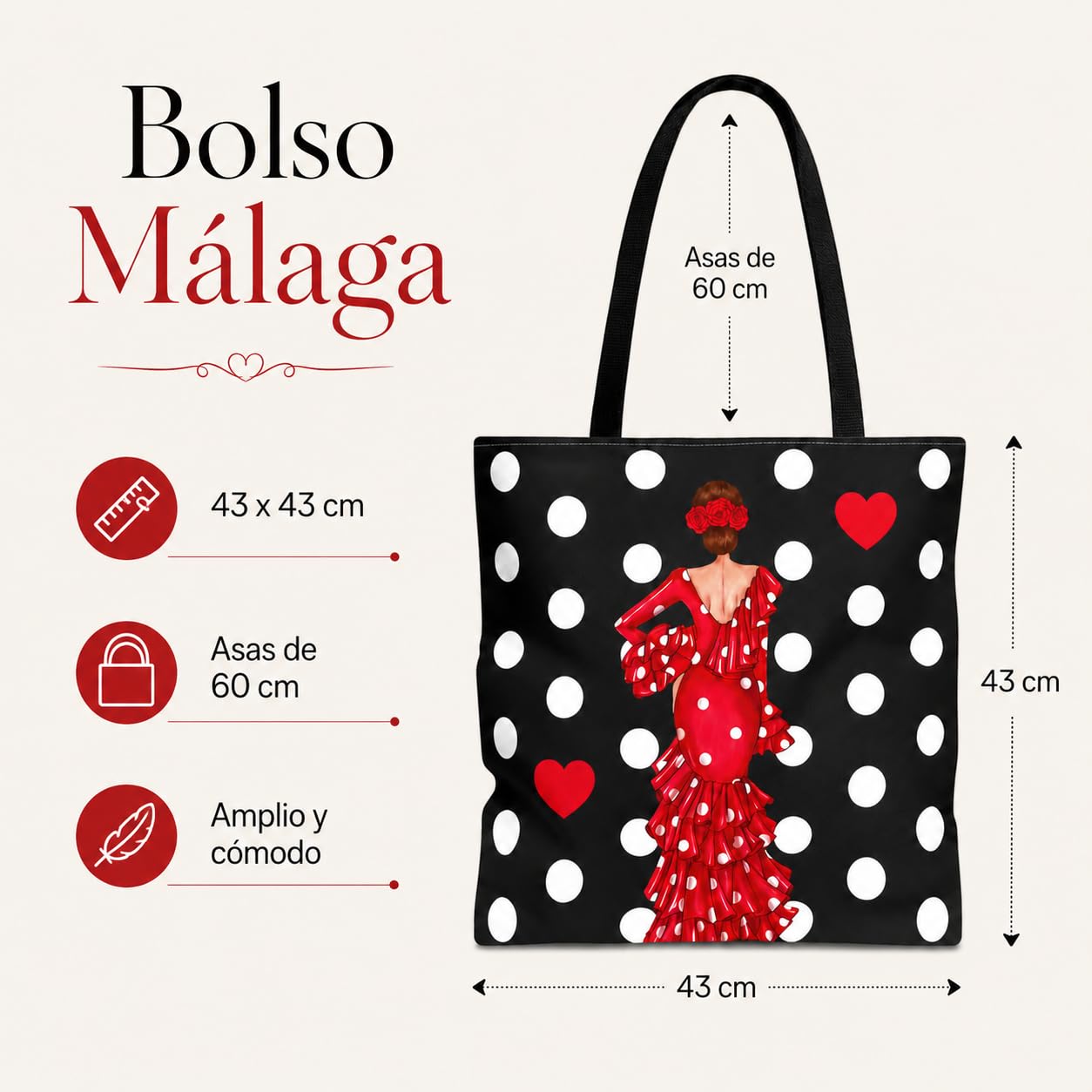 Bolsa tote Málaga flamenca Macarena negro con lunares 2