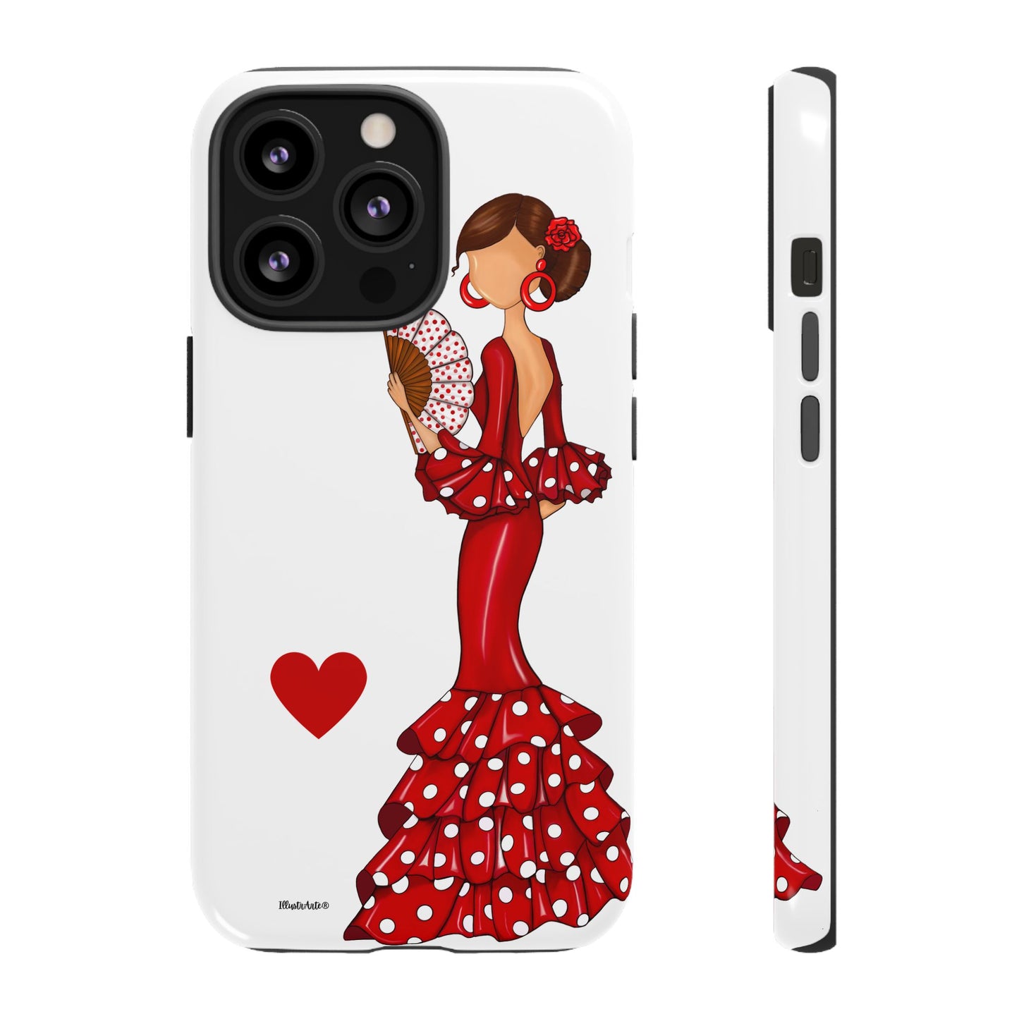 una funda de teléfono con una mujer en un vestido rojo