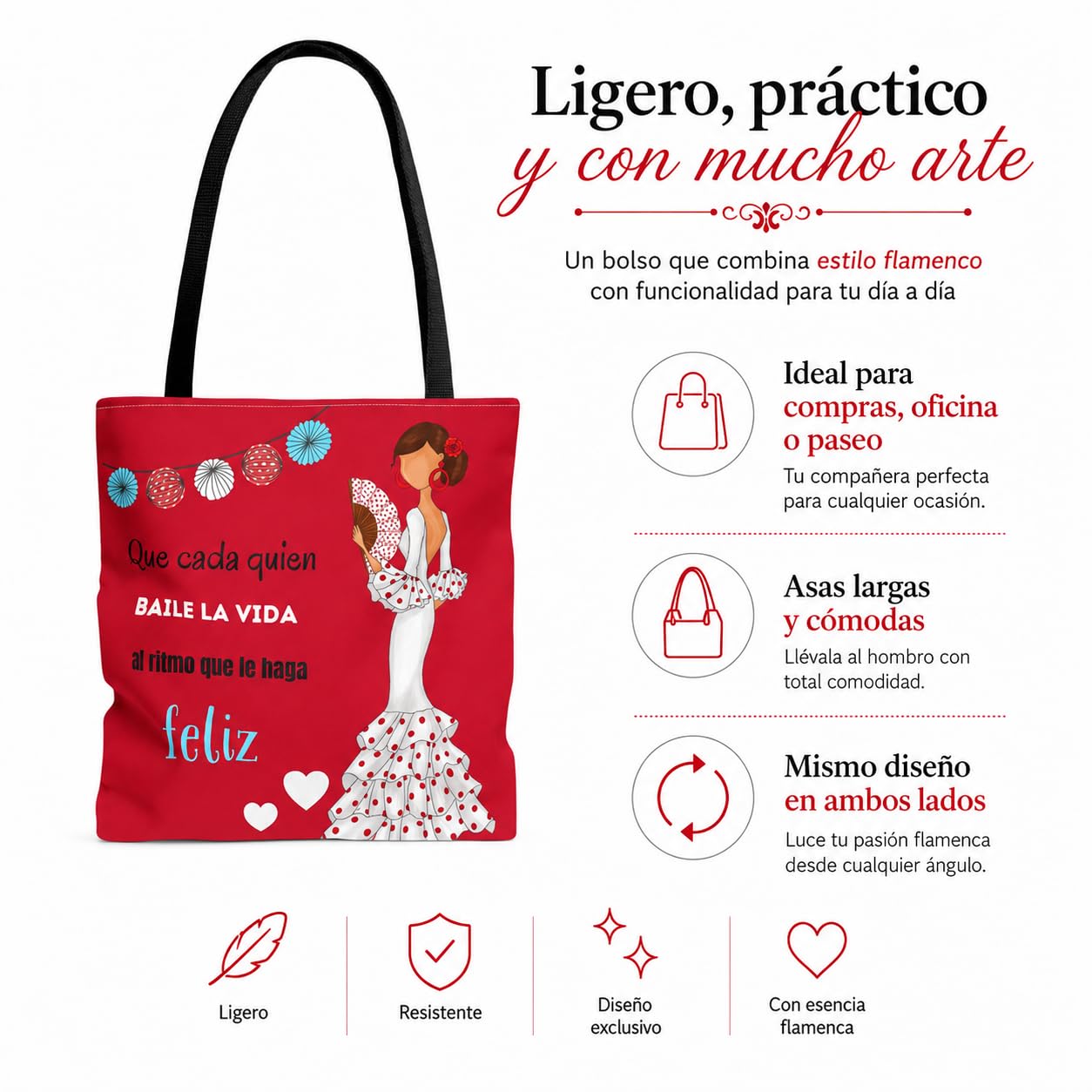 Bolsa tote Málaga flamenca Pepa Feliz rojo con frase 7