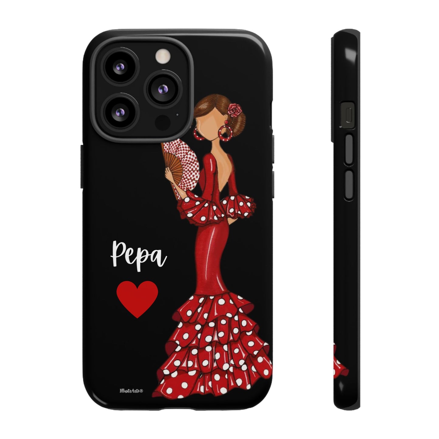 una funda de teléfono con una mujer en un vestido rojo