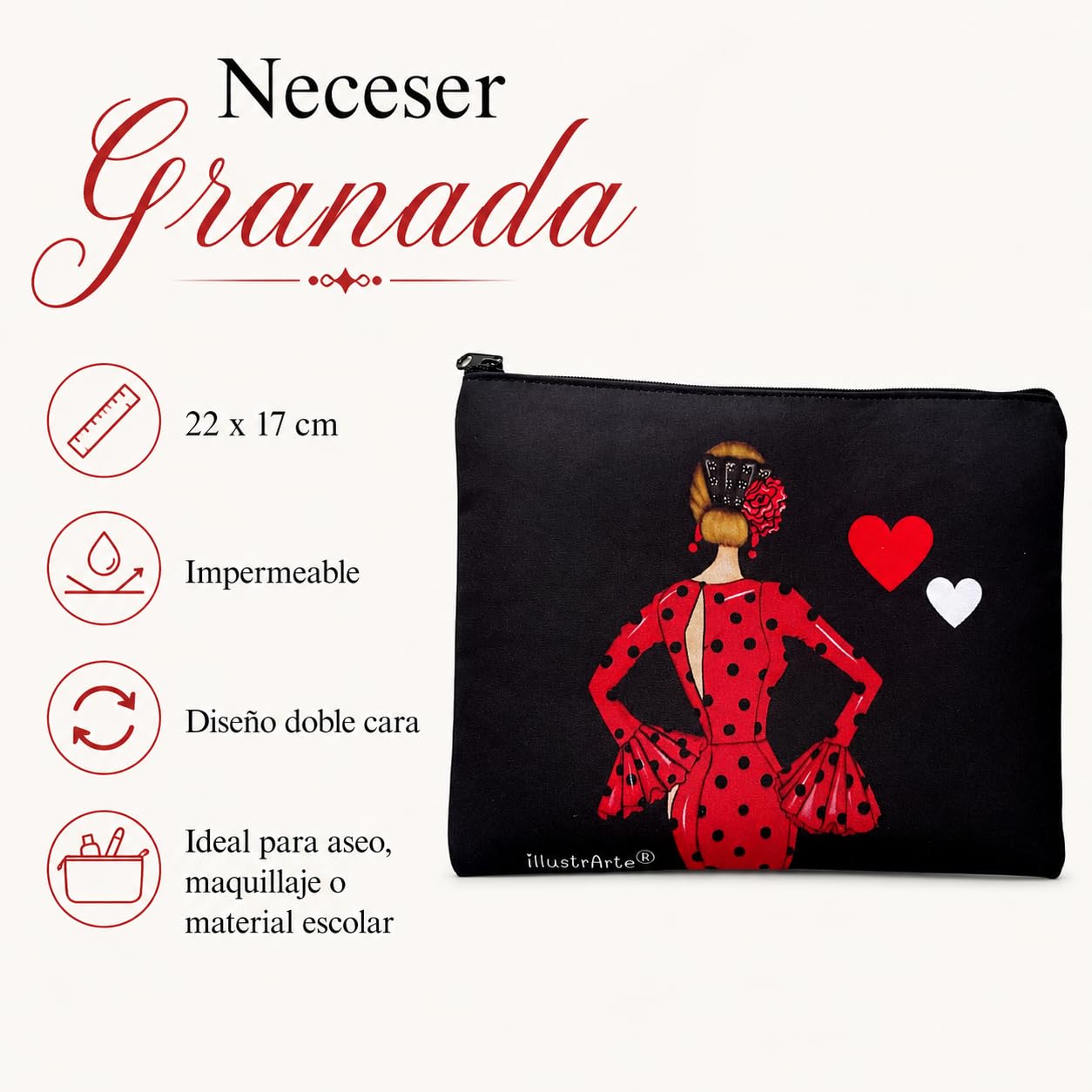 Neceser Granada illustrArte – María Rojo, fondo negro con corazones – vista 2 – imagen Amazon