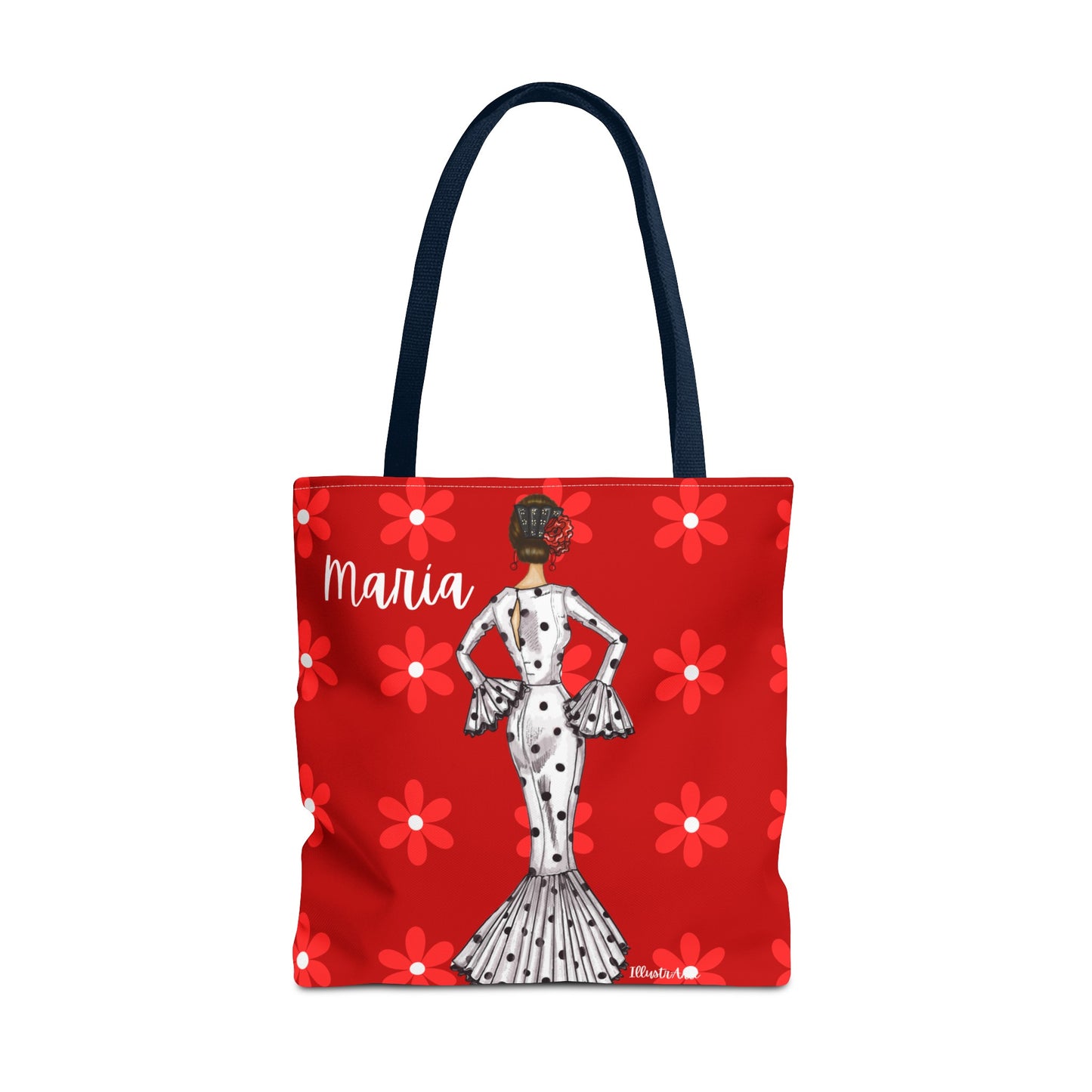 a red tote bag with a picture of a woman on it