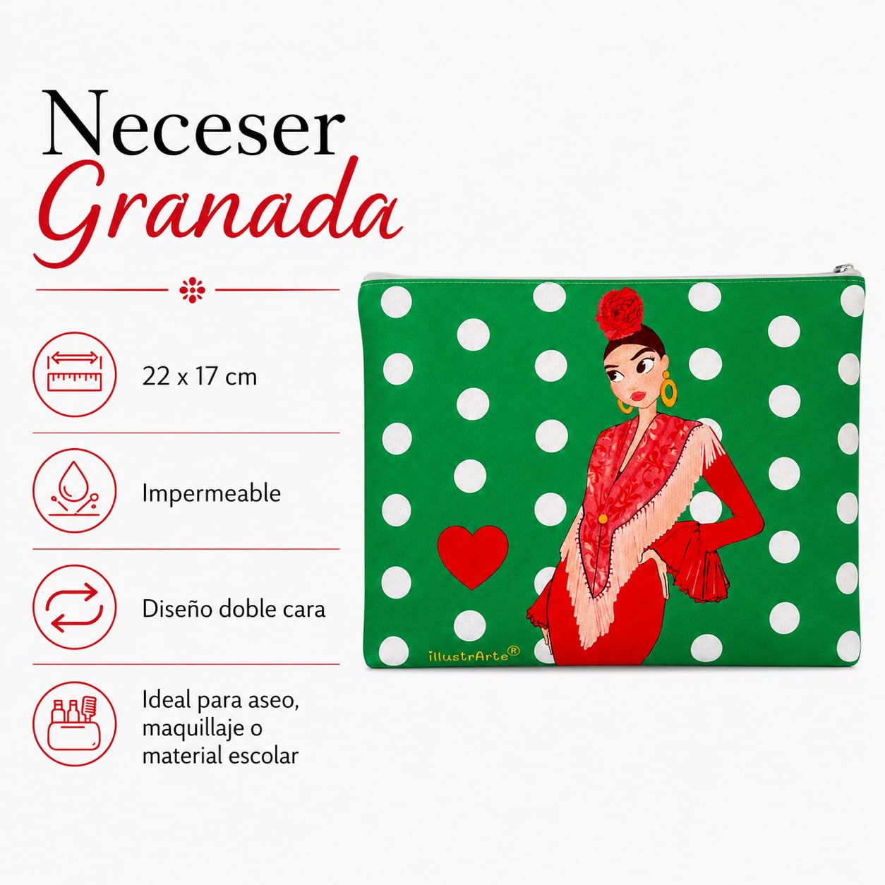 Neceser Granada illustrArte – Lucía, fondo blanco con lunares – vista 2 – imagen Amazon