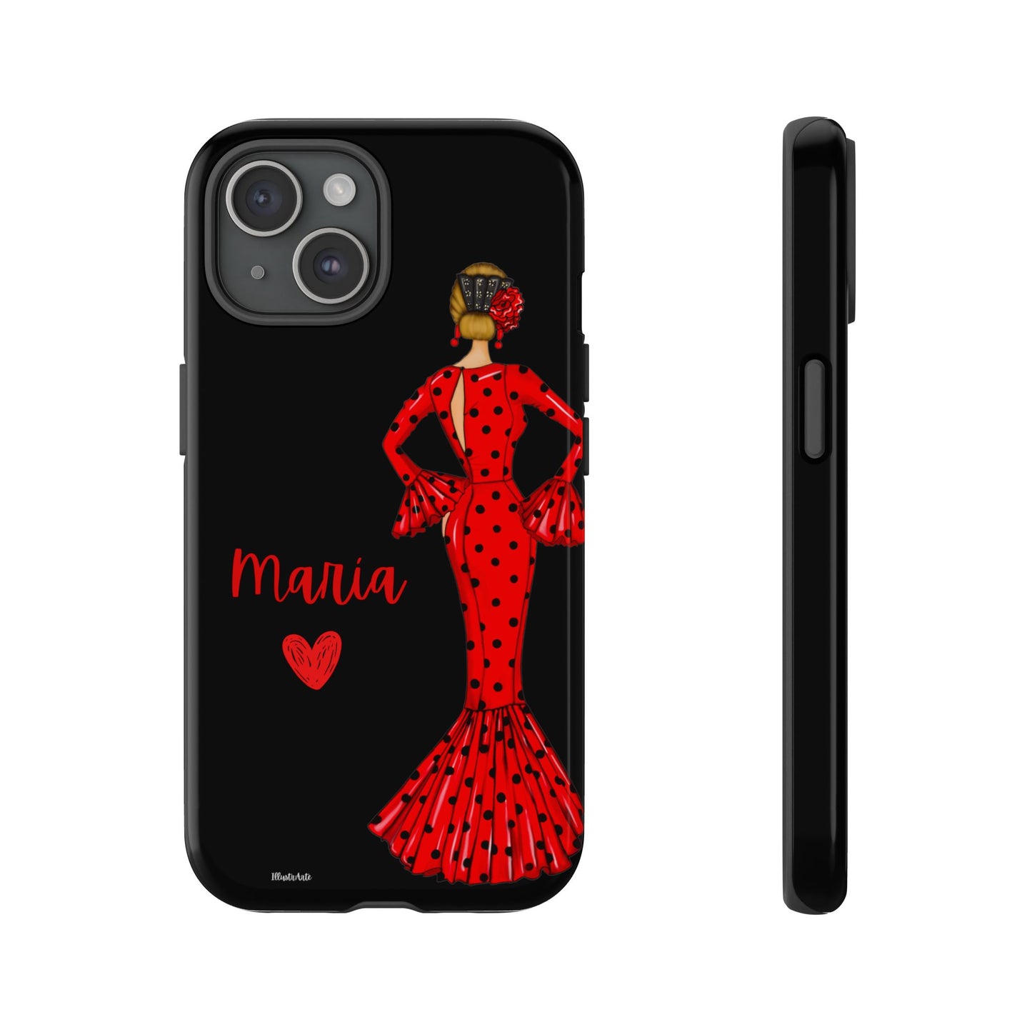 una funda de teléfono con una mujer en un vestido rojo