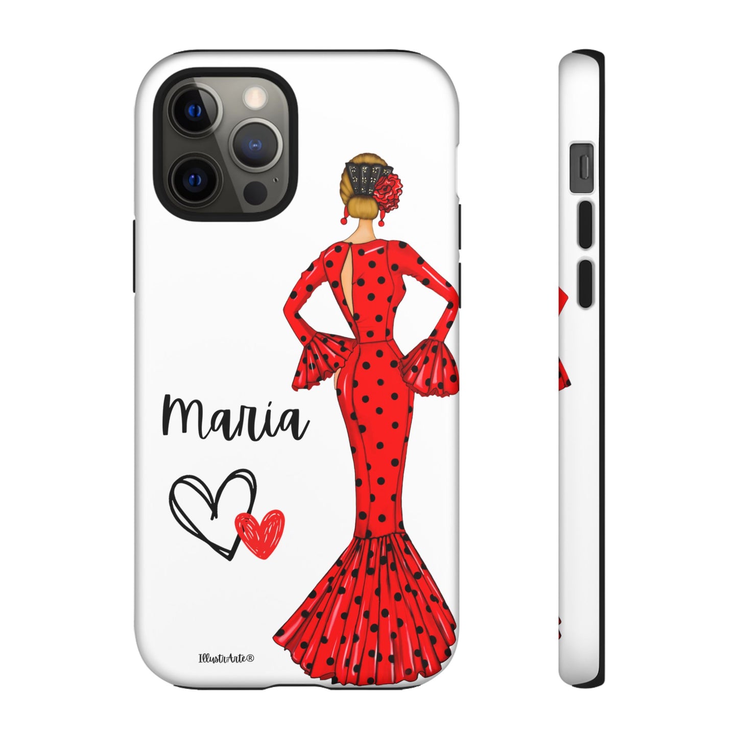 una funda de teléfono con una mujer en un vestido rojo