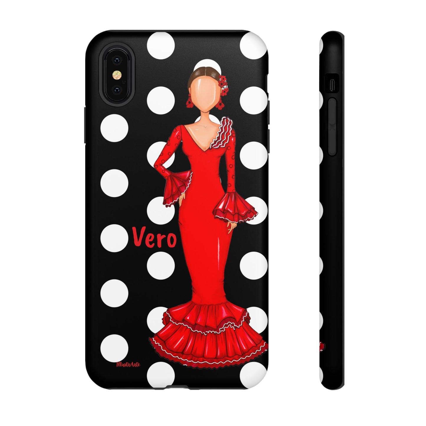 una funda para teléfono con una mujer en un vestido rojo