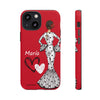 Funda de teléfono personalizable María blanco fondo rojo corazones – para iPhone, Samsung, Pixel