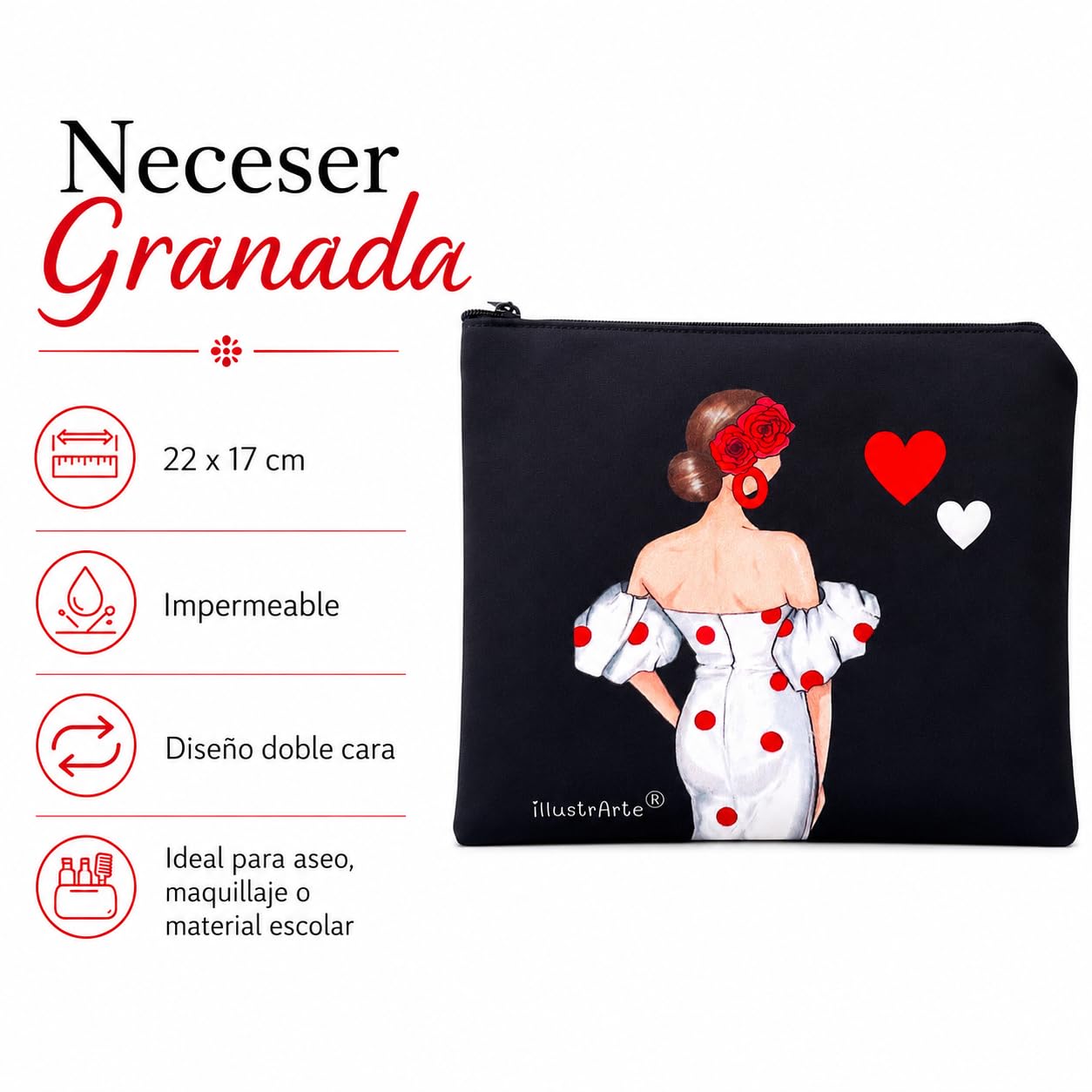 Neceser Granada illustrArte – Maite, fondo negro con lunares – vista 2 – imagen Amazon
