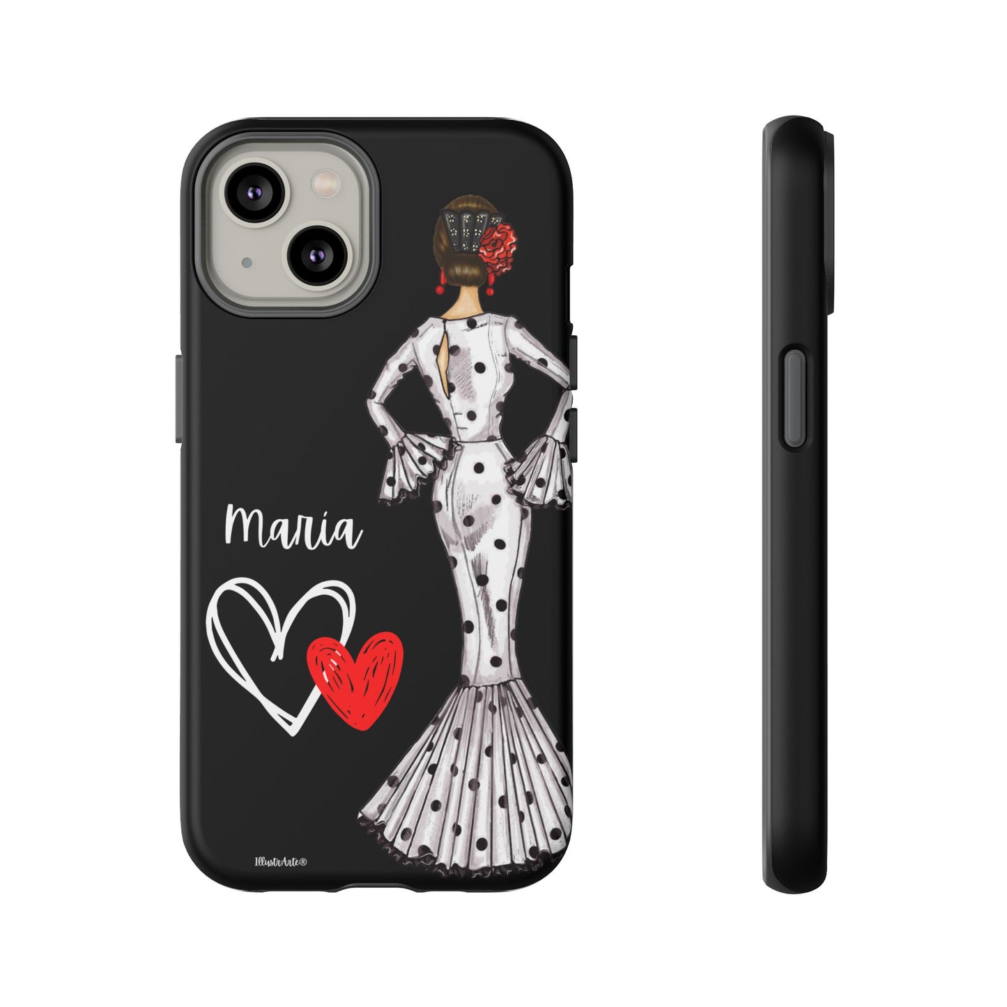 una funda de teléfono con una mujer en un vestido