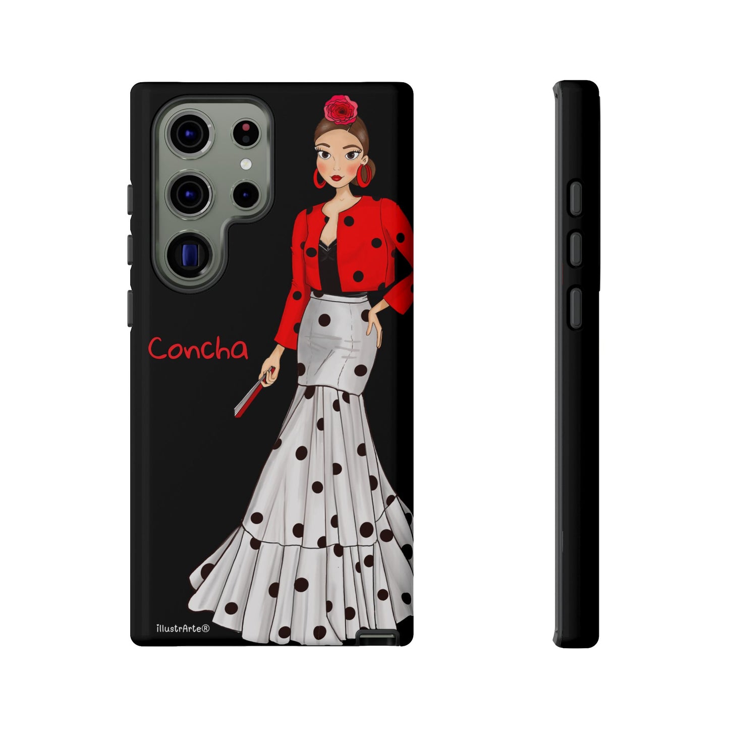 Vista completa de la funda de teléfono personalizable Modelo Conchita fondo negro.