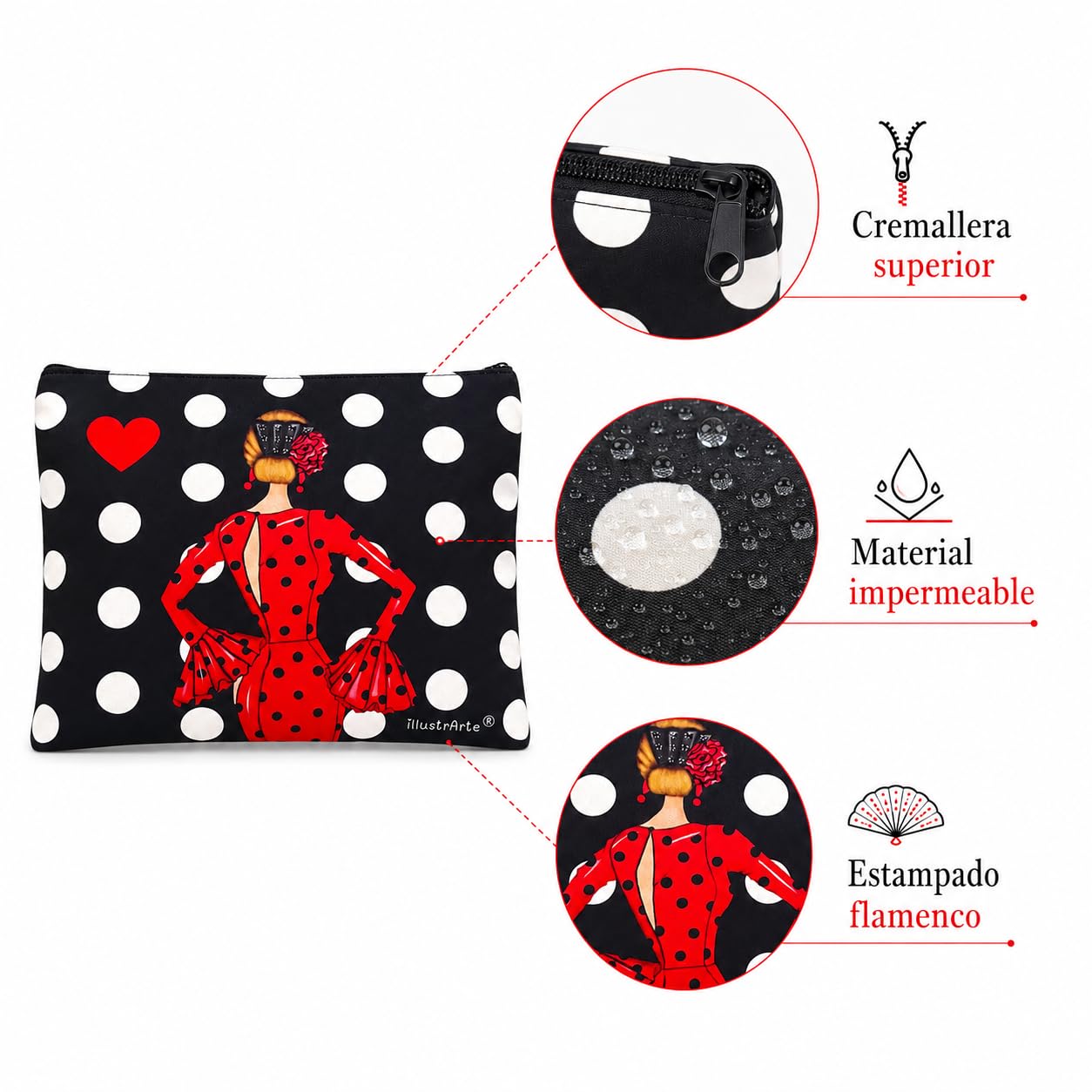 Neceser Granada illustrArte – María Rojo, fondo negro con lunares – vista 4 – imagen Amazon