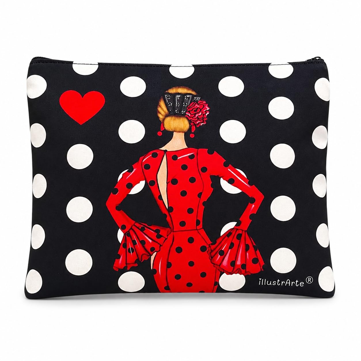 Neceser o estuche Granada illustrArte 22 x 17 cm – diseño María Rojo, fondo negro con lunares blancos – imagen Amazon