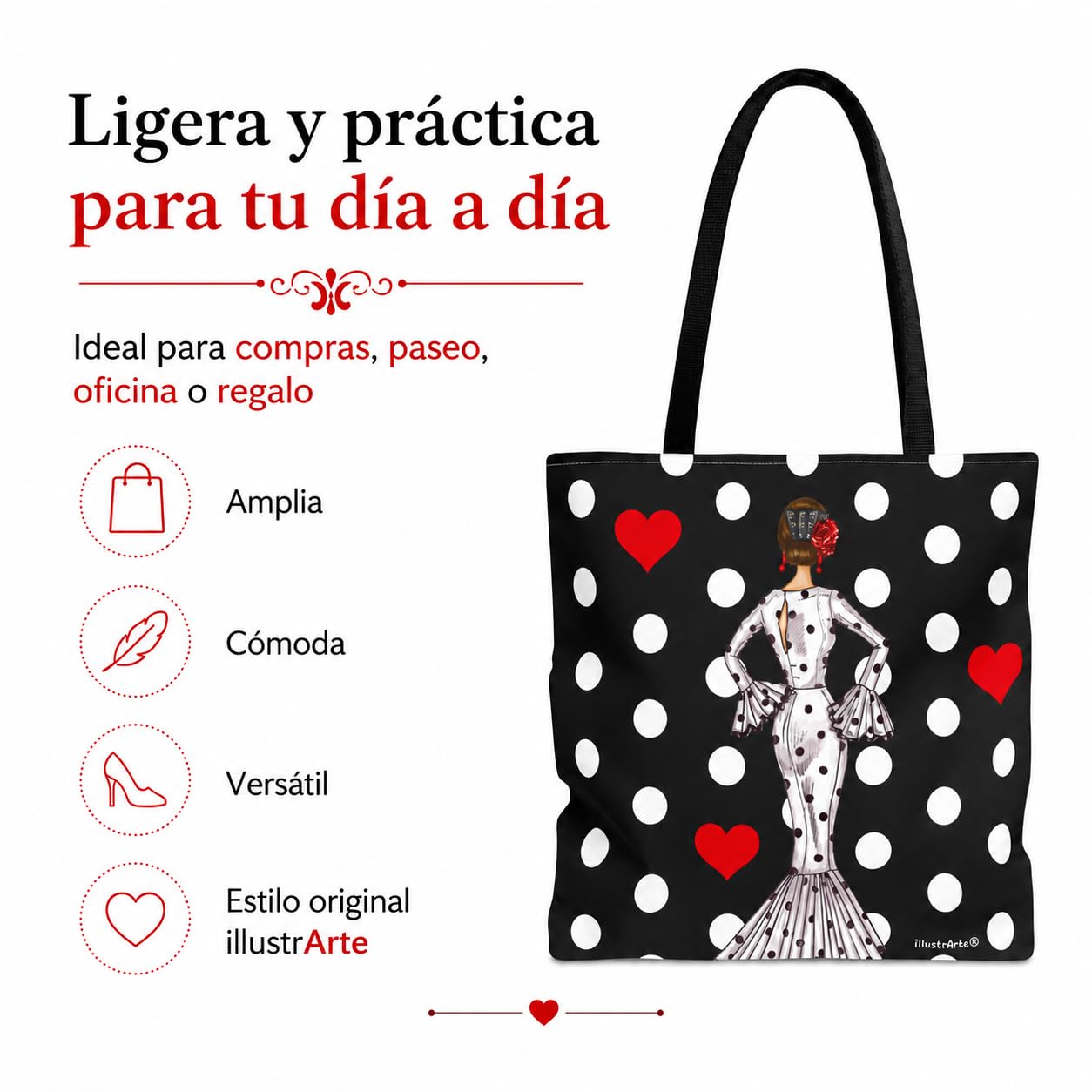 Bolsa tote Málaga flamenca María Blanco fondo negro con lunares 8