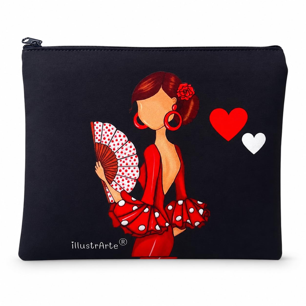 Neceser o estuche Granada illustrArte 22 x 17 cm – diseño Pepa, fondo negro con corazones – imagen Amazon