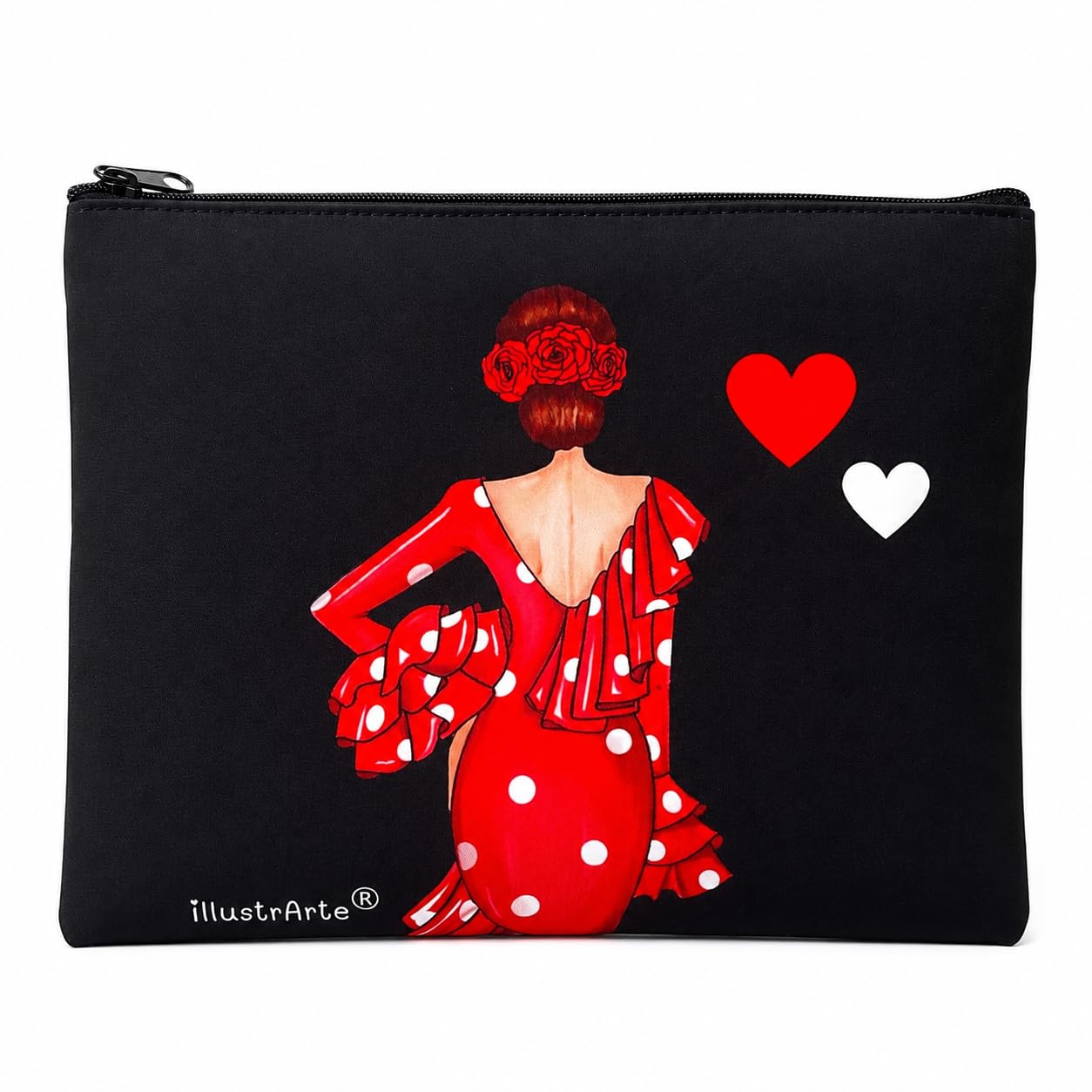 Neceser o estuche Granada illustrArte 22 x 17 cm – diseño Macarena, fondo negro con corazones – imagen Amazon