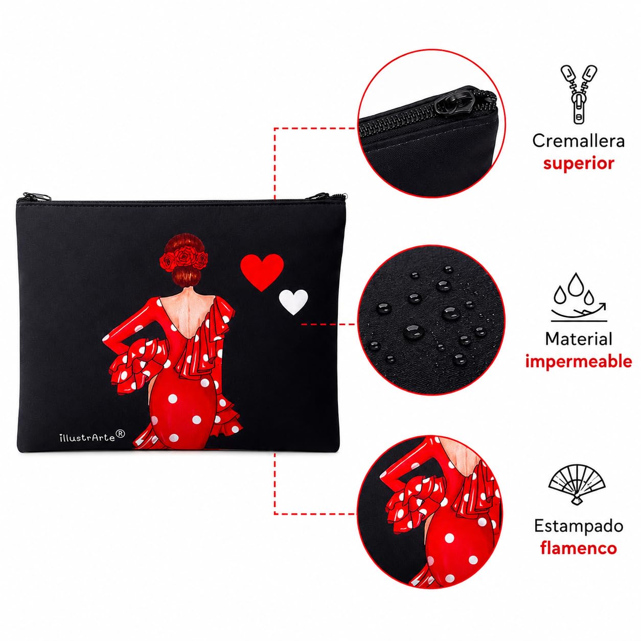 Neceser Granada illustrArte – Macarena, fondo negro con corazones – vista 4 – imagen Amazon