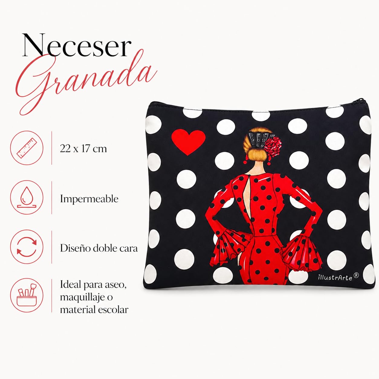 Neceser Granada illustrArte – María Rojo, fondo negro con lunares – vista 2 – imagen Amazon