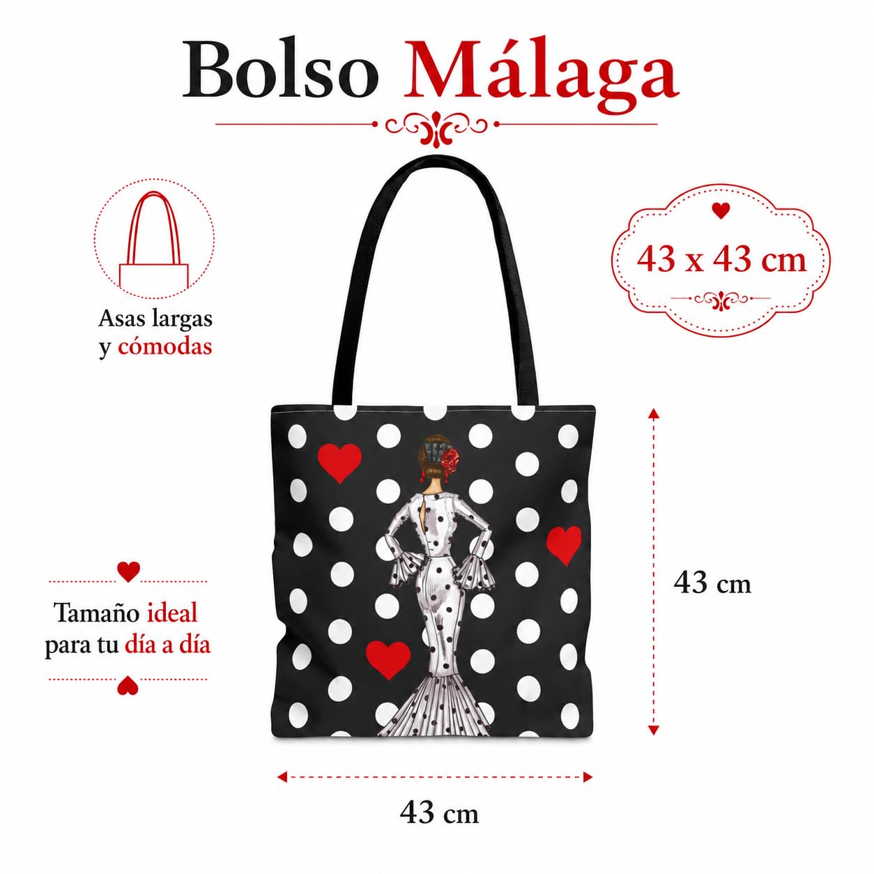 Bolsa tote Málaga flamenca María Blanco fondo negro con lunares 7