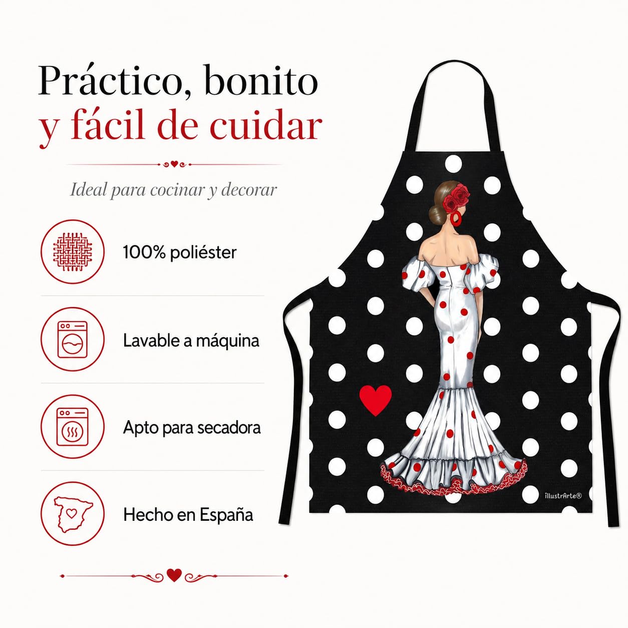 Delantal flamenca illustrArte – Maite, fondo negro con lunares – vista 7