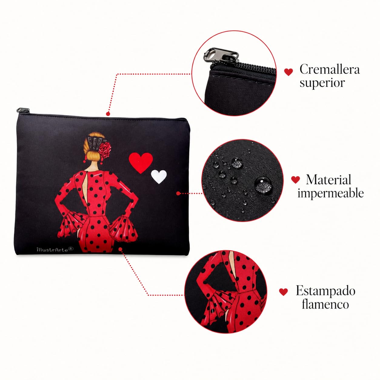 Neceser Granada illustrArte – María Rojo, fondo negro con corazones – vista 4 – imagen Amazon