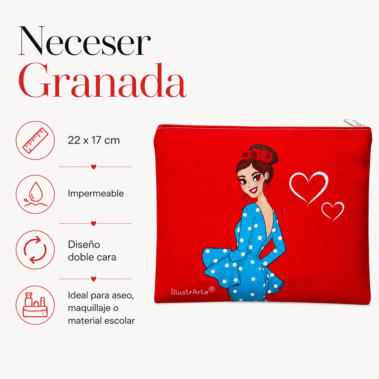 Neceser Granada illustrArte – Paquita, fondo rojo con corazones – vista 2 – imagen Amazon