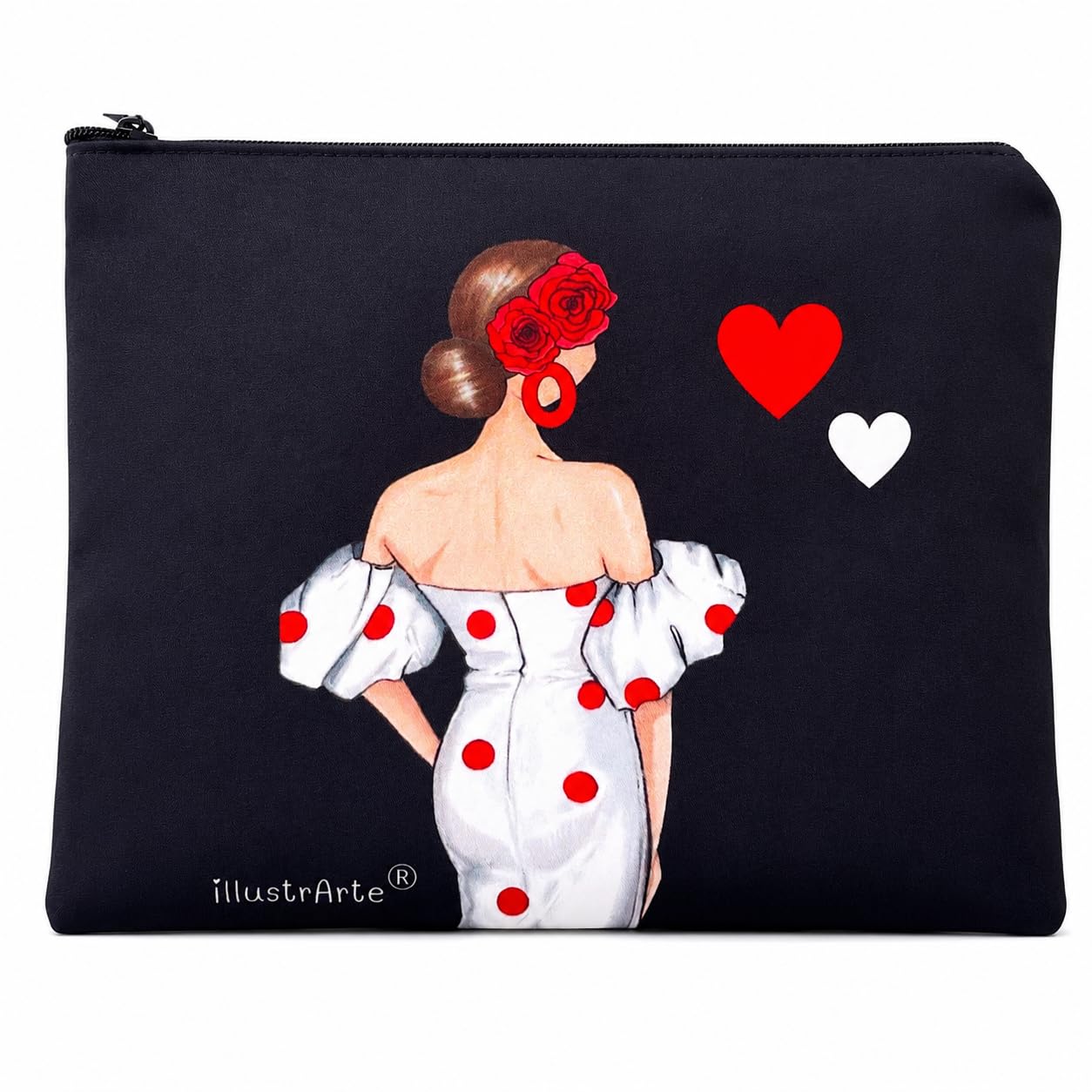 Neceser o estuche Granada illustrArte 22 x 17 cm – diseño Maite, fondo negro con lunares blancos – imagen Amazon